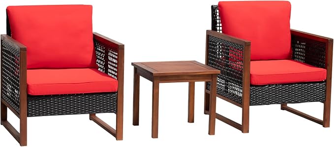 FDW Patio Bistro Set 3-Piece Acacia Wood Outdoor Chat Conversation Table Chair Set Outdoor Wood Chat Set with Water Resistant Cushions and Coffee Table for Beach Backyard Garden,Red Cushion