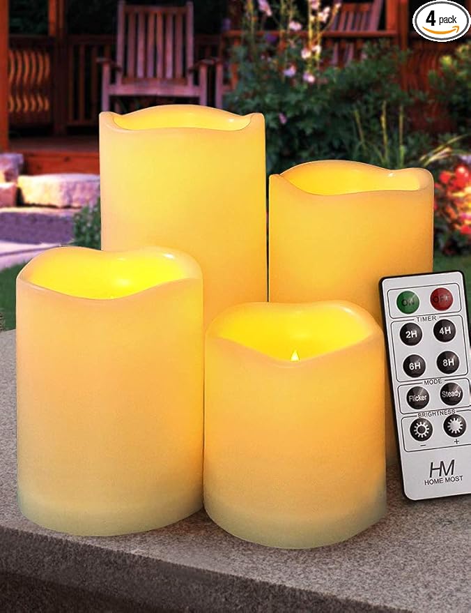 Set of 4 Outdoor Pillar Candles with Timer Waterproof - Battery Operated LED Pillar Candles with Remote 3x3 3x4 3x5 3x6 - Plastic Flickering Flameless Pillar Candles Unscented for Outside