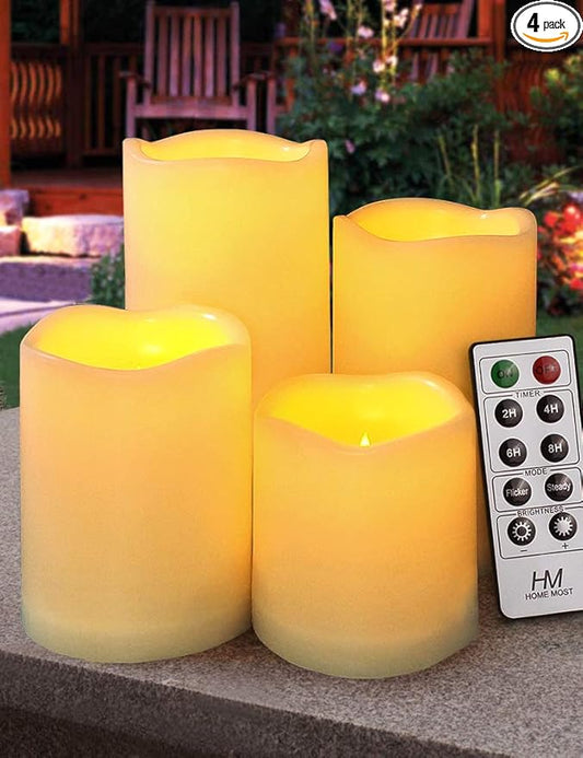 Set of 4 Outdoor Pillar Candles with Timer Waterproof - Battery Operated LED Pillar Candles with Remote 3x3 3x4 3x5 3x6 - Plastic Flickering Flameless Pillar Candles Unscented for Outside