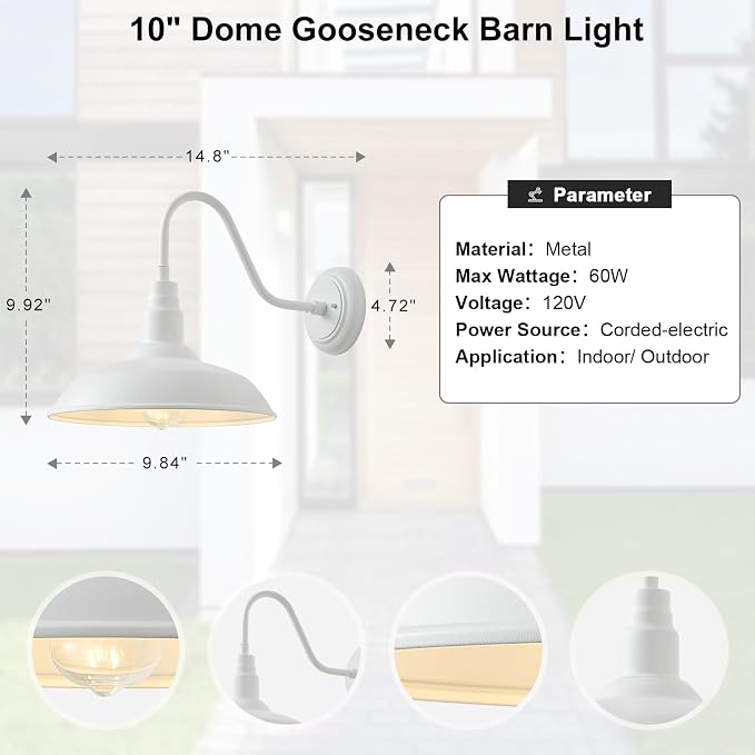 10 Inch Dome Outdoor Gooseneck Barn Lights for Porch, Farmhouse Exterior Light Fixture with Wall Mount, Matte White Outside Patio Wall Sconce for Front Door, Garage, Entryway, Home
