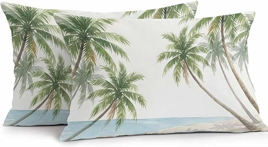 Yukro Coastal Beach Palm Tree Outdoor Waterproof Pillow Covers Pack of 2, Watercolor Coconut Tree Summer Throw Pillowcases Decorative Cushion Covers for Garden Patio Tent Sofa Couch, 20x12 inch
