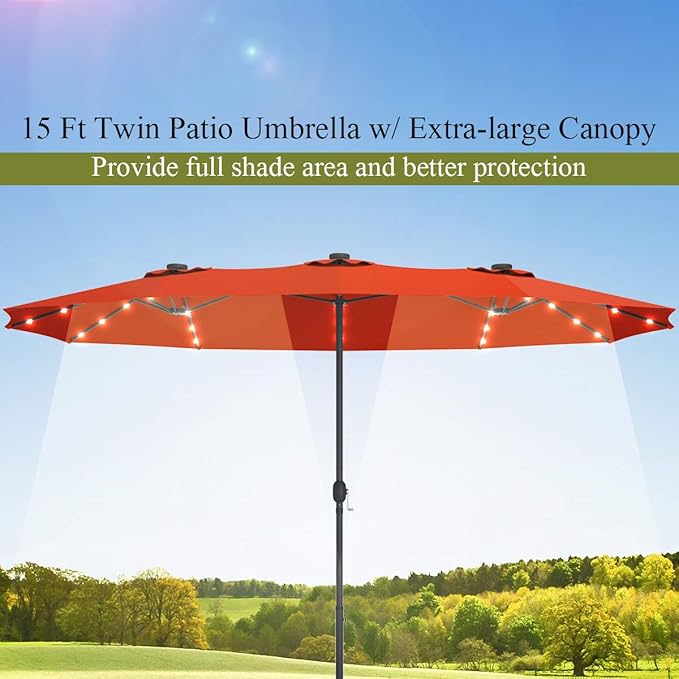 Tangkula 15 Ft Double Sided Patio Umbrella with Solar Lights, Extra Large Rectangle Outdoor Umbrella with 36 LED Lights & Crank Handle for Deck, Poolside, Garden, Backyard (Orange)