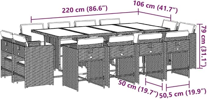 13 Piece Patio Dining Set with Cushions Black Poly Rattan Outdoor Rattan Furniture Set for 12 People Garden Dining Table with Folding Chairs Tempered Glass Top UV Proof