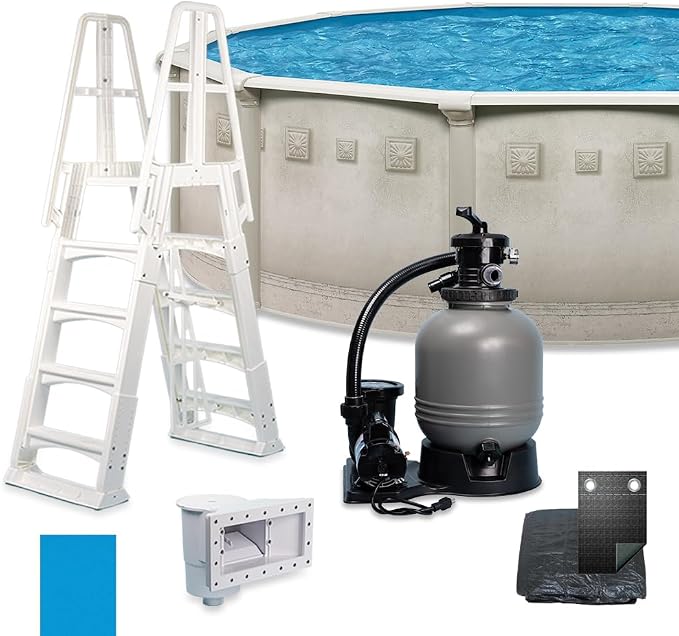 Laredo 24' x 52" Easy-Build DIY Steel above Ground Swimming Pool Kit by WaterThat with Sand Filter Pump, Ladder, Liner, Skimmer, and Winter Pool Cover