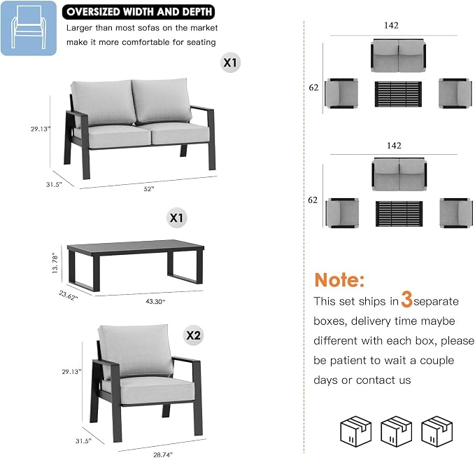 Aluminum Outdoor Patio Furniture Set, 4 Piece Sectional Coversation Sets with Coffee Table, Modern Outdoor Sofa Couch with Thick Cushions for Porch, Balcony, Garden, Light Gray
