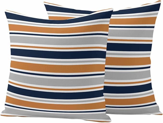 Orange Grey Striped Outdoor Pillow Cover 16x16 Inch Cushion Sham Case, Farmhouse Stripes Modern Abstract Art Waterproof Decorative Square Throw Pillowcase for Outside Garden Patio Porch Couch Chair