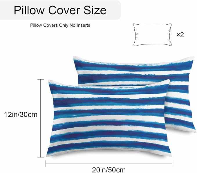 Blue Stripe Waterproof Outdoor Pillow Covers Set of 2 Home Decor, Ocean Beach Watercolor White Geometric Pillowcase Patio Pillow Covers for Couch Bench Furniture Garden 20x12in