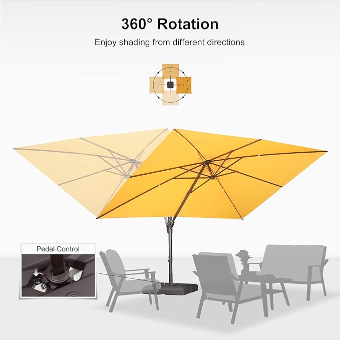 PURPLE LEAF 9' X 11.5' Rectangle Cantilever Umbrella Patio Umbrella Antique Bronze Outdoor Aluminum Offset Hanging Umbrella with 360-degree Rotation for Pool Garden Backyard Deck, Yellow