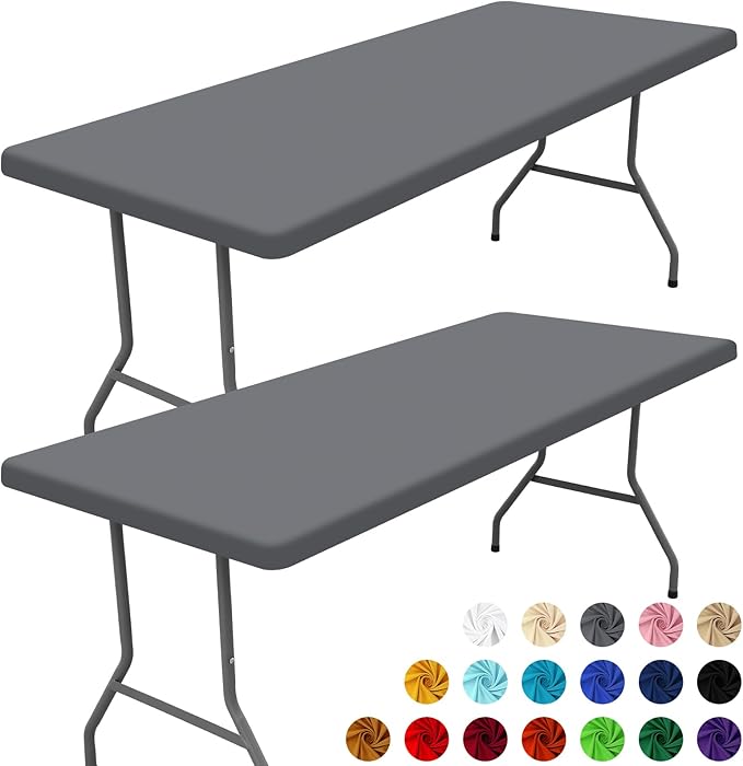 Moosfor Spandex 8 Foot Rectangle Table Cloth 2 Pack, Elastic Fitted Tablecloths for Picnic, Stretch Washable Patio Table Cover for Outdoor, Camping, Banquet and Parties (Grey, 30"x96")
