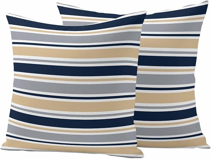 Khaki Grey Striped Outdoor Pillow Cover 20x20 Inch Cushion Sham Case, Navy Blue Farmhouse Stripes Abstract Art Waterproof Decorative Square Throw Pillowcase for Outside Garden Patio Porch Couch Chair