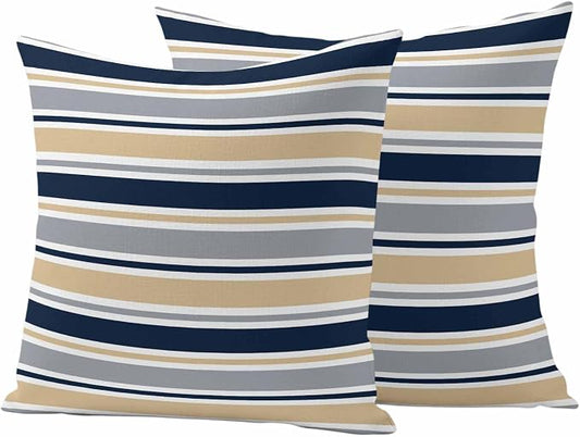Khaki Grey Striped Outdoor Pillow Cover 20x20 Inch Cushion Sham Case, Navy Blue Farmhouse Stripes Abstract Art Waterproof Decorative Square Throw Pillowcase for Outside Garden Patio Porch Couch Chair