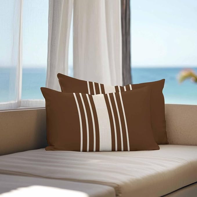 Vandarllin Outdoor Throw Pillows Covers 20x12 inch Set of 2 Waterproof Brown Vertical Stripes Decorative Zippered Cushion Covers for Patio Furniture, Classic Striped Linen Lumbar Pillowcases