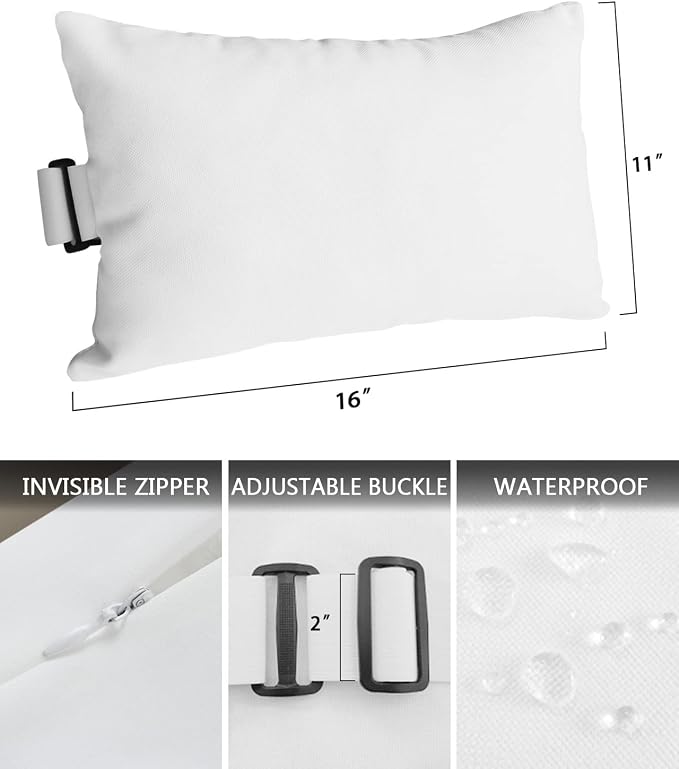 Outdoor Pillows Covers with Inserts Solid White Waterproof Recliner Pillow with Adjustable Strap Throw Pillows for Patio Furniture Pool Lounge Chair, 11x16 inch, 1PCS