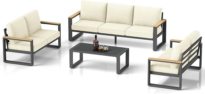 RoyalCraft Aluminum Patio Furniture Set, 7-Seats Metal Outdoor Furniture Set with Coffee Table, Modern Patio Sofa Sets Outdoor Conversation Set for Garden Pool Porch Backyard, Beige