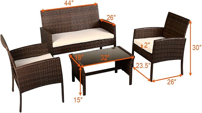 Tangkula Brown 4PCS Patio Rattan Furniture Converstation Set
