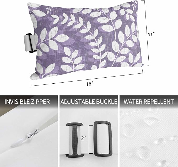 Outdoor Lumbar Pillow Set of 2, Purple Leaves Waterproof Beach Headrest Pillow with Inserts, Farmhouse Botanical Branch Vintage Modern Recliner Throw Pillows for Patio Furniture, 11 x 16