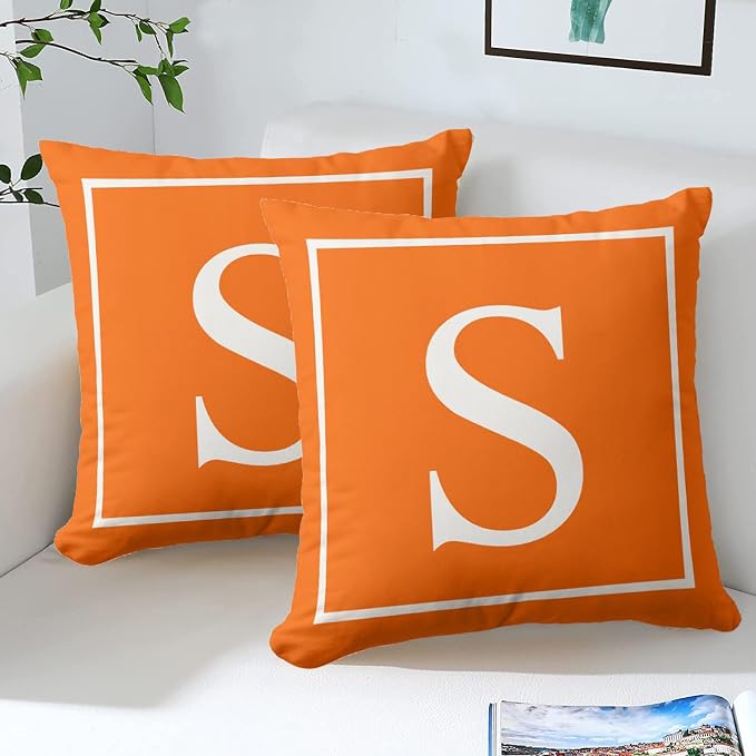 Monogram Initial Bright Orange Outdoor Pillow Covers 20 x 20inches Decorative Pillow Case for Sofa Couch Bed (Pillow Insert Not Include)