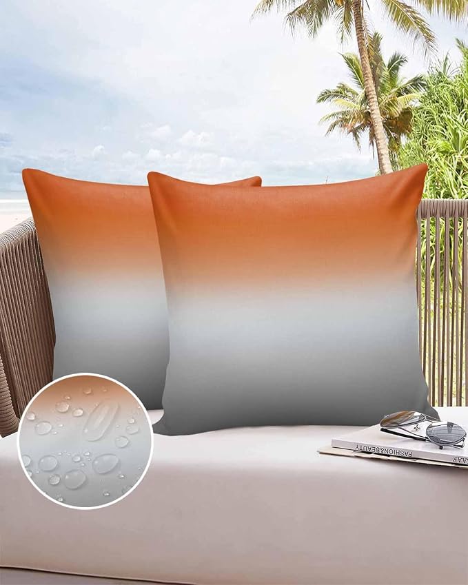 Outdoor Waterproof Throw Pillow Covers Set of 2 Orange Grey Ombre Pillowcases 26x26 Inches Gradient Gradual Color Patio Decorative Pillows Cushion Case Patio Pillows for Couch Bed Chair Garden