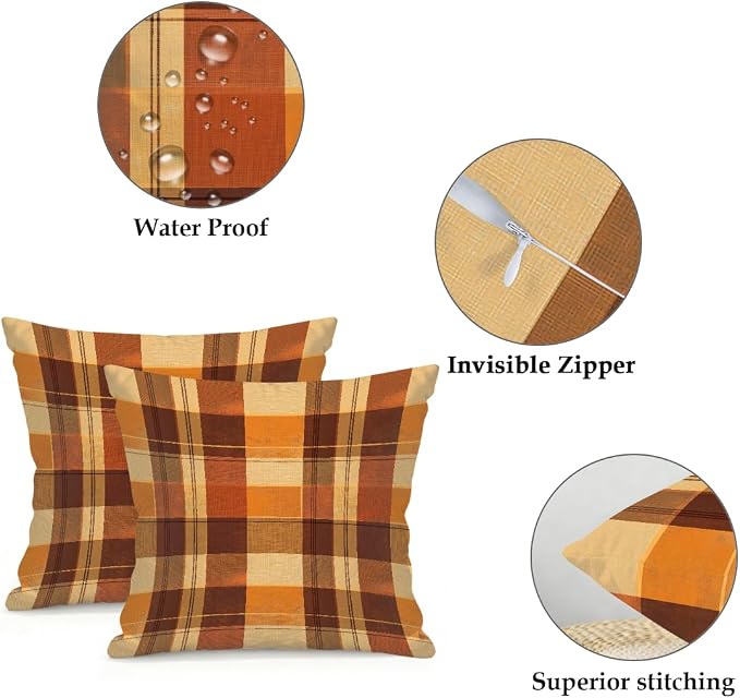 20x20 Inch Outdoor Pillow Covers Set of 2 Waterproof Throw Pillow Covers Decorative Couch Cushion Covers Buffalo Check Orange Square Pillowcases Protectors for Patio Garden Sofa