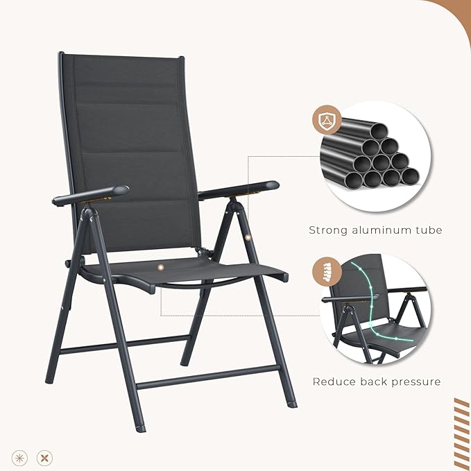 BUPPLEE 7-Piece Outdoor Dining Set with 6 Padded Aluminum Foldable Chairs & Rectangular Table with Umbrella Hole - Patio Furniture for Backyard, Balcony, Poolside