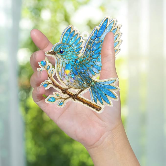 Blue Bird Stained Glass Ornament Acrylic Window Hanging Suncatcher – Bird Lover Gifts, Wildlife Animal Decor for Christmas Tree, Rearview Mirror, Garden, Home Accessories, Unique Gifts for WomenSun-17