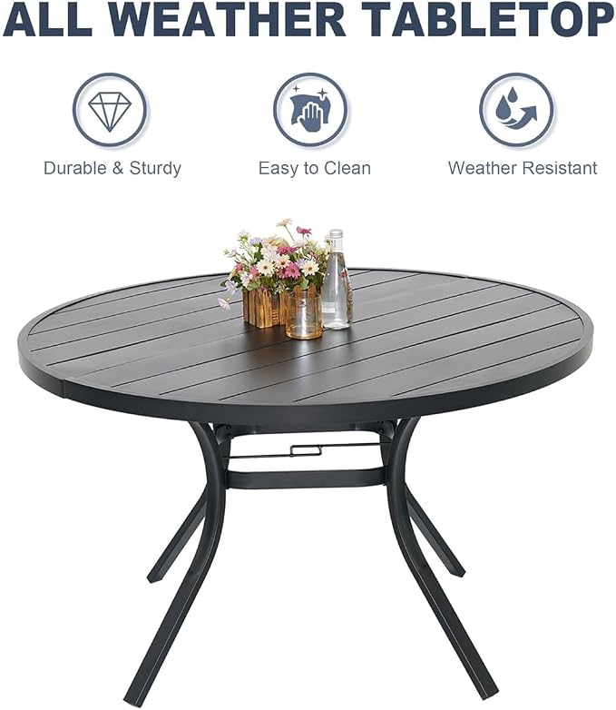 Anmutig Outdoor Dining Set for 4, 41" Round Table & 4 Aluminum Frame Chairs | Stackable Chairs, Resin Slat Seating, Powder-Coated Steel Table, Umbrella Hole, Easy Assembly, Patio, Garden, Backyard
