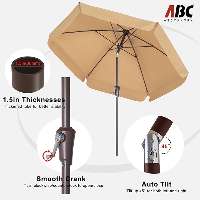 ABCCANOPY 7.5ft Scalloped Patio Umbrella, Outdoor Table Umbrella with Tilt and Crank, Fiberglass Ribs Deck Umbrella for Patio, Pool, Garden, Picnic (Tan)