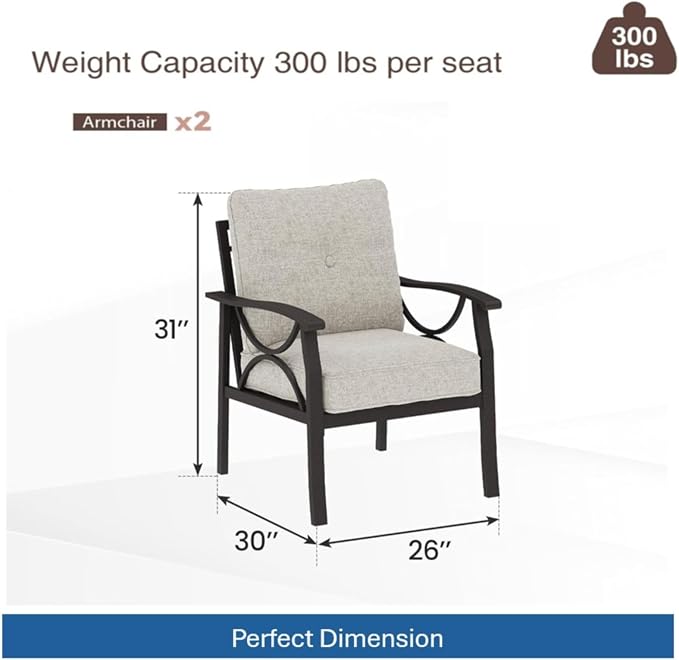 Hassyee 2 Pieces All-Weather Metal Outdoor Conversation Set with Coffee Table and Removable Cushions for Balcony, Patio Furniture Set with Modern Curved Design for Backyard, Lawn (2 Chairs)