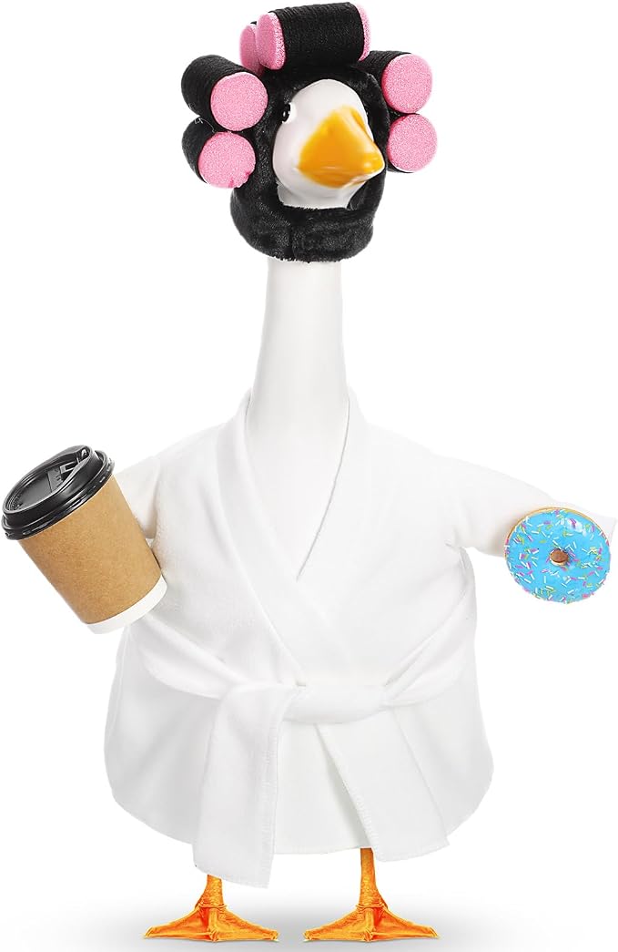 Shyyween Winter Goose Outfit Lady Porch Goose Outfit for 23'' Cement Plastic Geese Statue Clothes White Bathrobe Curlers Coffee Cup for Outdoor Garden Lawn Yard Patio Decoration