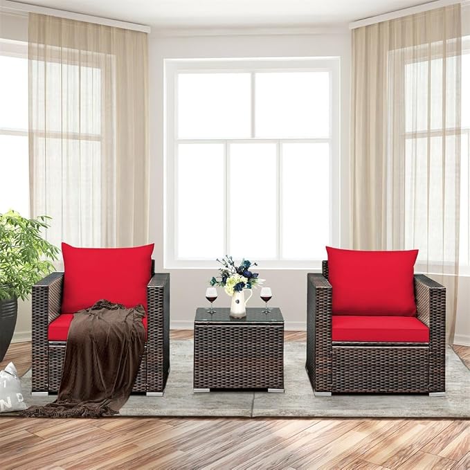 3PCS Patio Rattan Furniture Set Conversation Sofa Cushioned Garden Red