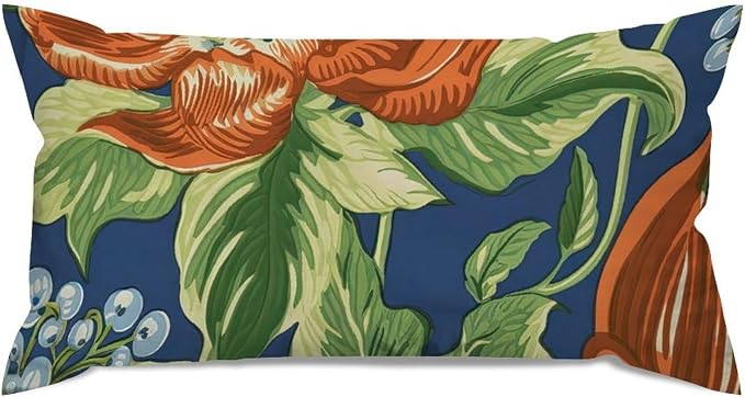 Orange Floral Chinoiserie on Blue Lumbar Pillowcases Peony Chic Asian Pillow Case 12x24in Modern Accent Square Couch Sofa Cushion Covers for for Sofa Couch Bedroom Decoration