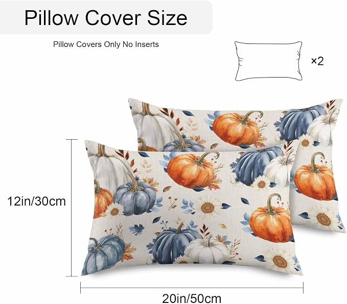 Fall Outdoor Throw Pillows Covers 20x12 inch Set of 2 Waterproof Orange Blue White Pumpkin Zippered Cushion Covers for Patio Furniture, Autumn Maple Leaf Flowers Linen Thanksgiving Lumbar Pillowcases