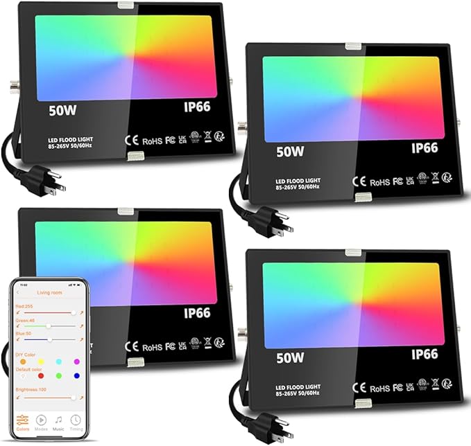 MELPO LED Flood Light Outdoor, 500W Equivalent 5000LM Smart RGB Landscape Lighting with APP Control, DIY Scenes - Timing - Warm White 2700K - Color Changing Uplight, IP66 Waterproof US Plug (4 Pack)