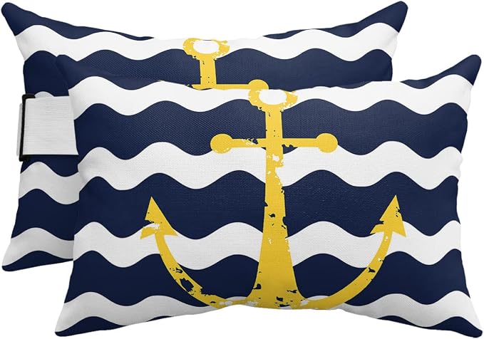 Outdoor Pillows Covers with Inserts Navy Blue Wave Stripes Yellow Nautical Anchor Waterproof Recliner Pillow with Adjustable Strap Throw Pillows for Patio Furniture Pool Lounge Chair, 12x20 inch, 2PCS