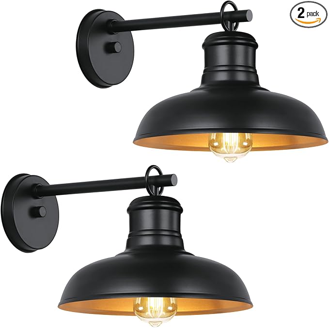 Outdoor Wall Lights, Black and Gold Indoor Outdoor Barn Lights | E26 Socket, Anti-Rust Waterproof Exterior Lighting Fixtures for House Patio Porch Doorway(2 Pack)