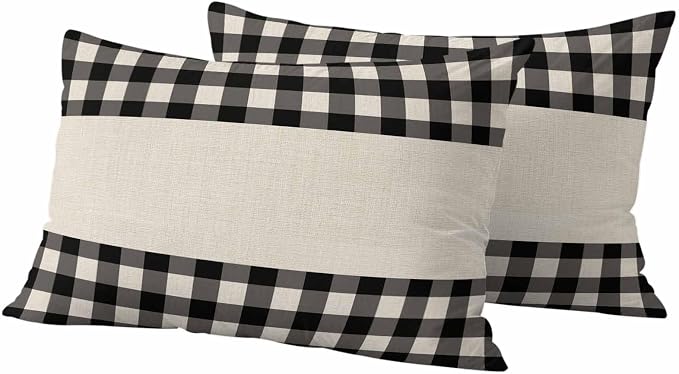 Retro Black Outdoor Waterproof Pillow Covers, Farmhouse Buffalo Plaid Vintage Beige Decorative Rectangle Throw Pillowcase Sofa Cushion Sham for Patio/Couch/Chair, 20"x12" 2 Pack