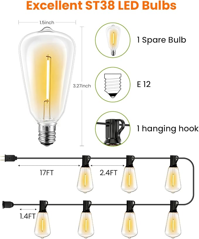 VOLIVO 100FT Outdoor String Lights for Patio, Waterproof Hanging Lights | 35+1 Shatterproof ST38 Edison Bulbs, Dimmable & Connectable Outside String Light for Backyard, Deck, Porch, Balcony