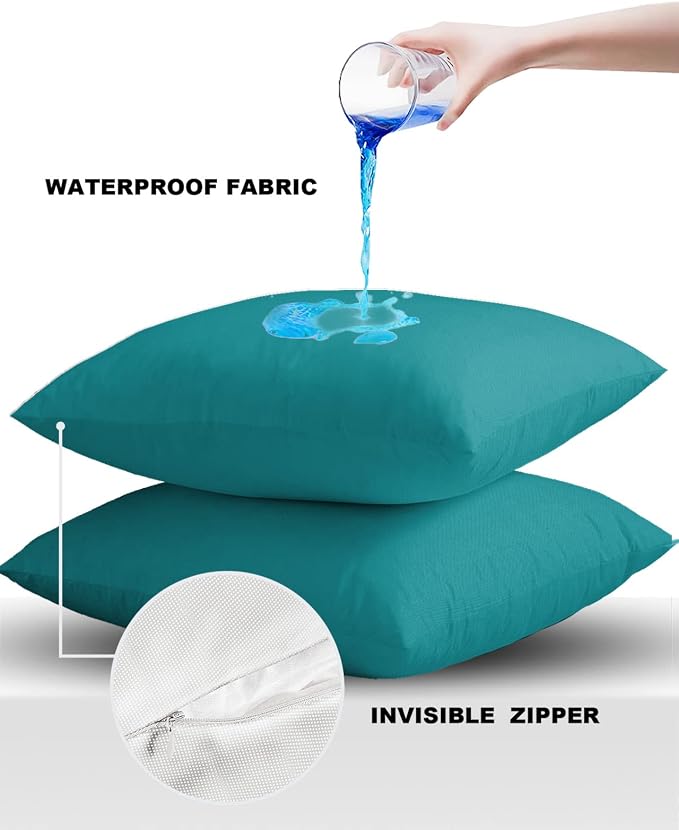 Outdoor Waterproof Pillow Covers for Patio Furniture Teal Blue Decorative Throw Pillow Cover Solid Color Pillowcases Set of 2 Cushion Case for Sofa Couch Chair Home Decor 18x18 inch x 2pcs