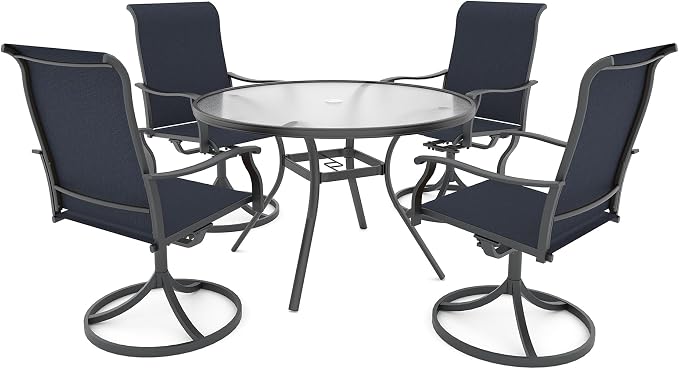 Anmutig 5 Piece Outdoor Patio Dining Set with 4 Swivel Dining Chairs & 1 Round Glass Dining Table, All Weather Dining Furniture Set for Lawn Garden Blue