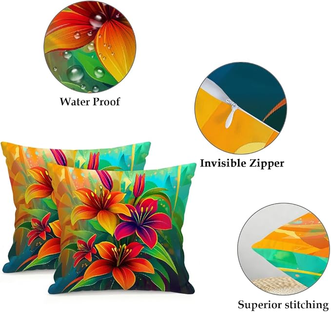 20x20 Inch Outdoor Pillow Covers Set of 2 Waterproof Throw Pillow Covers Decorative Couch Cushion Covers Neon Orange Green Flowers Square Pillowcases Protectors for Patio Garden Sofa