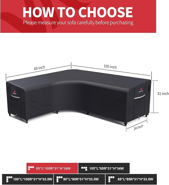 Rosefray 600D Outdoor L-Shaped Sectional Cover,Heavy Duty Anti UV Patio Sectional Sofa Cover with Air Vent, Waterproof Furniture Covers for Deck, Lawn,Backyard Left Facing 85''x105'' Black