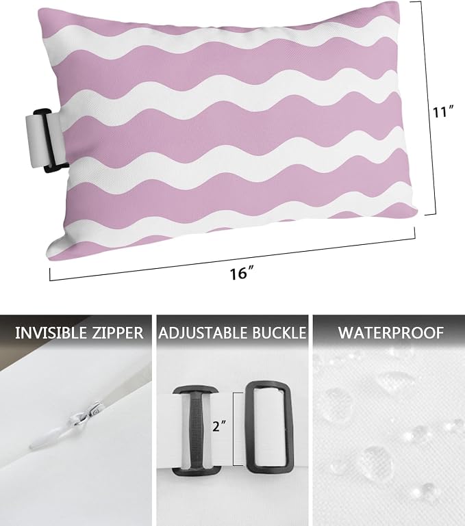 Outdoor Pillows Covers with Inserts Pink Sea Wave Ripple Waterproof Recliner Pillow with Adjustable Strap Throw Pillows for Patio Furniture Pool Lounge Chair, 11x16 inch, 2PCS