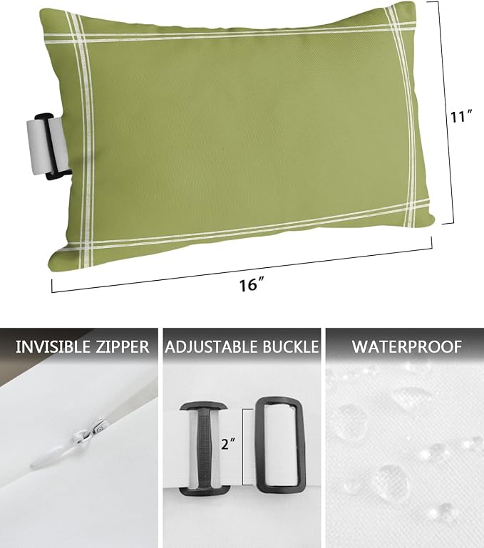Outdoor Pillows Covers with Inserts Solid Color Olive Waterproof Recliner Pillow with Adjustable Strap Throw Pillows for Patio Furniture Pool Lounge Chair, 11x16 inch, 1PCS