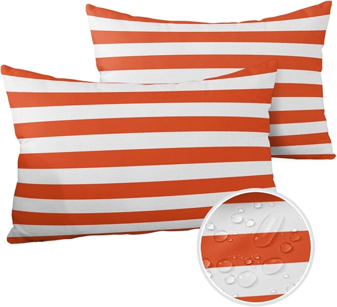 Lumbar Throw Pillow Covers 12x20 Outdoor Waterproof Pillow Covers for Patio Furniture Orange and White Stripes Throw Pillow Cover Solid Striped Pillowcases Set of 2 Cushion Case for Sofa Couch Chair