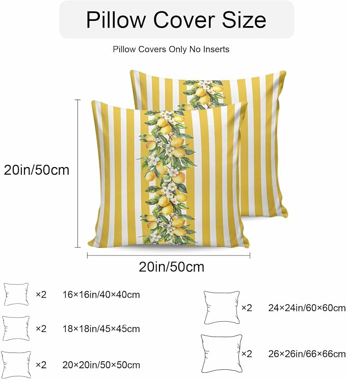 Yellow Lemon Stripes Waterproof Outdoor Pillow Covers Set of 2 Home Decor, Summer Spring Fruit Flowers Leaves Pillowcase Patio Pillow Covers for Couch Bench Furniture Garden 16x16in