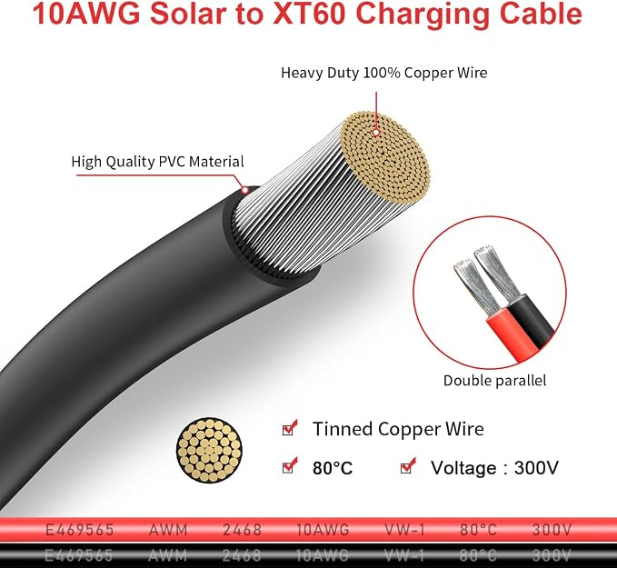 ELFCULB 10AWG Solar to XT60 Charging Cable Solar Panel Extension Cable for Portable Power Station River 600 Solar Generator Battery Pack(25FT)