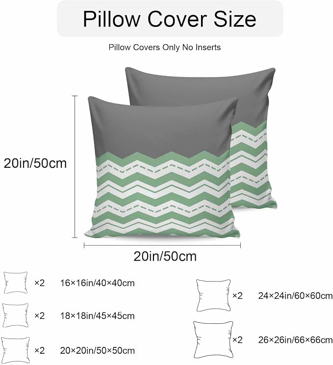 Green Chevron Waterproof Outdoor Pillow Covers Set of 2 Home Decor, Geometric Grey Print Wavy Striped White Pillowcase Patio Pillow Covers for Couch Bench Furniture Garden 18x18in