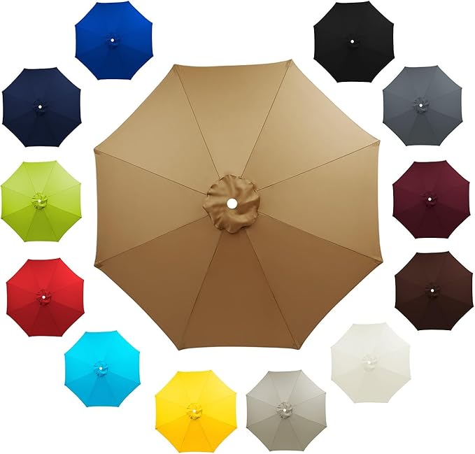 6 Ribs 8 Ribs Patio Umbrella Replacement Canopy 6.5ft 7.5ft 8.2ft 8.9ft 9.8ft 11.5ft UV Protection Waterproof Replacement Parasol Fabric Cover for Garden Outdoor Lawn(Khaki,6.5ft/8ribs)
