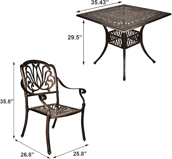 TITIMO 5-Piece Outdoor Patio Dining Set, Cast Aluminum Patio Furniture Set, 4 Chairs with Khaki Cushions and 35.4" Square Table, Cast Aluminum Conversation Set for Yard, Garden, Porch, Poolside