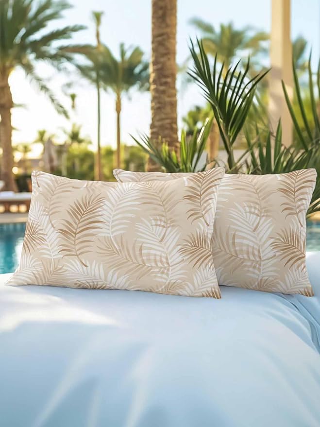 Waterproof Outdoor Pillow Set of 2 Cream Tropical Palm Leaves Decorative Throw Pillows Cover & Insert 20x12 Inch Lumbar Pillowcase Summer Jungle Foliage Pillows for Couch Sofa Bed Patio Furniture